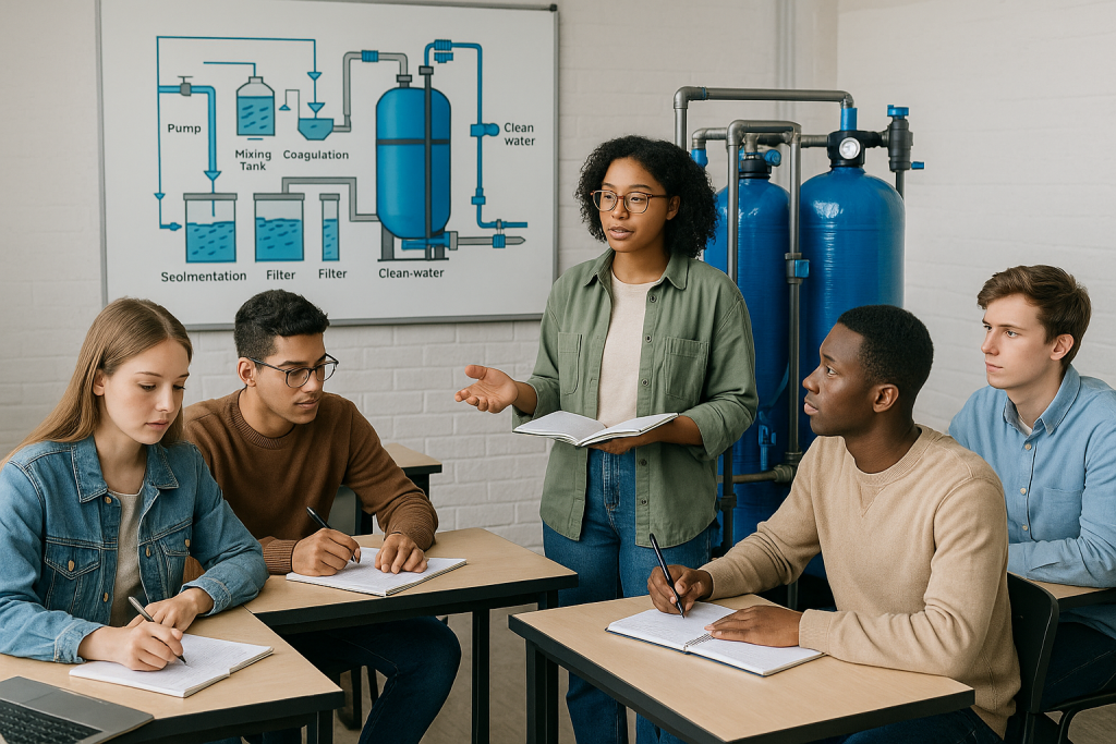 Students studying water treatment and hydrology in a classroom setting for water industry certifications
